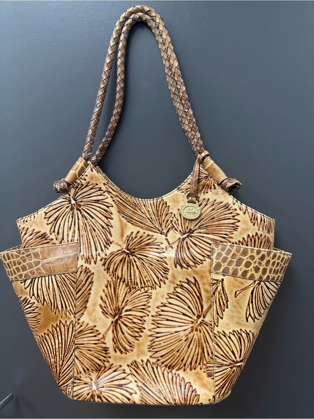 RARE Vintage Brahmin Tahiti Palm Kelsea Floral-Embossed Leather Tote